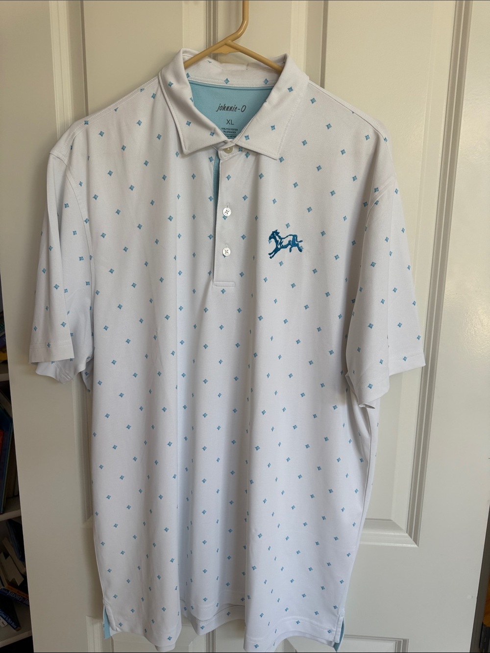 johnnie-O White Polo with Light Blue Micro Print and Blue Logo